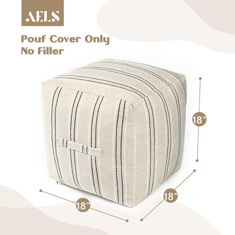AELS Unstuffed Farmhouse Pouf Cover for Living Room, Boho Storage Bean Bag Cubes, Beige with Black Stitch Yarn Dyed Stripe Square Ottoman Pouf Foot Rest Footstool, 18"x18"x18", Cover ONLY - Image 3